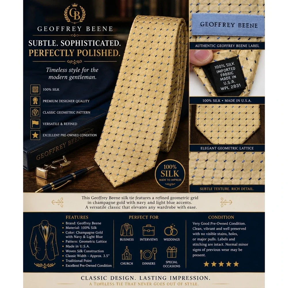 Geoffrey Beene Men's 100% Silk Tie Gold Champagne Blue Geometric Grid Necktie